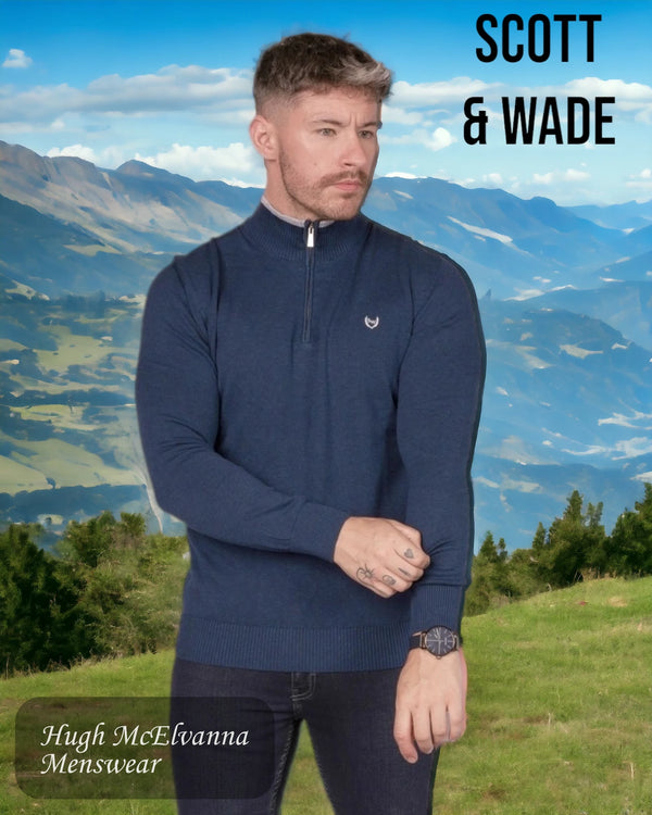 Men's Quarter Zip Blue Cotton Pullover Style: MACHLI