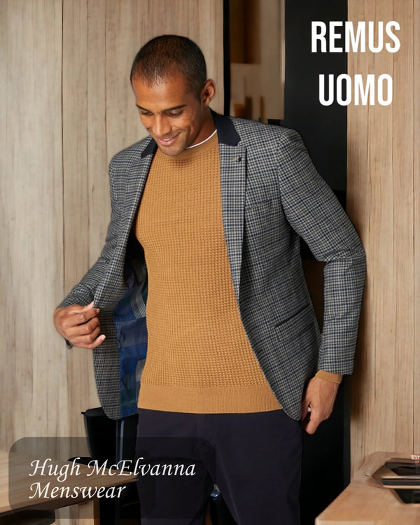 Remus Uomo Men's Grey Stretch Check Blazer With Contrast Collar Style: 11825/07