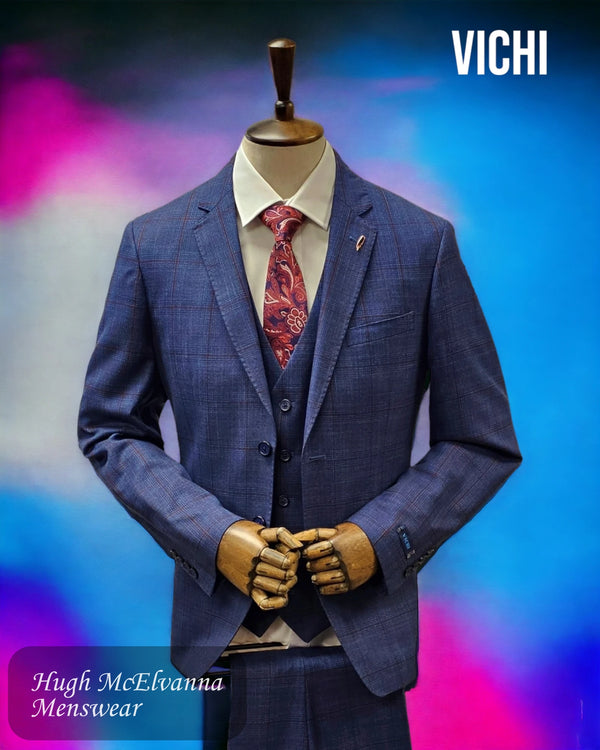 Vichi WALLACE Blue Check 3Pc. COMFORT FIT Mens Suit