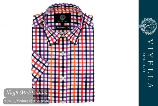 Viyella Classic Fit Navy Blue & Red Satin Check Short Sleeve Supima Cotton Shirt Style: 0530H-291 Hugh McElvanna Menswear