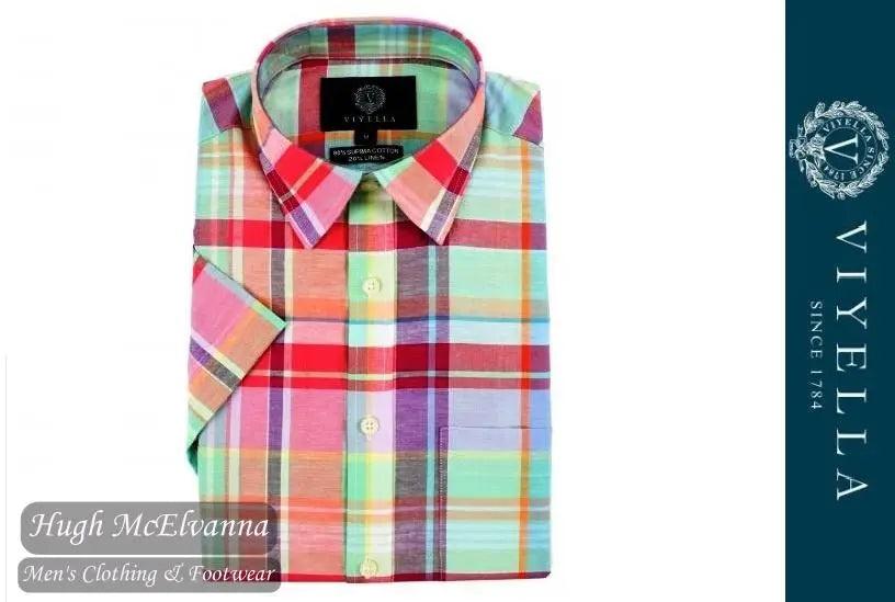 Viyella Classic Fit Pastel Madras Check Short Sleeve Supima Cotton & Linen Shirt Style: VY0524H-648 Hugh McElvanna Menswear